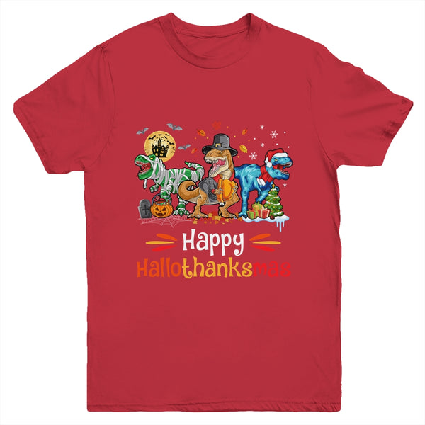 Happy Hallothanksmas T Rex Dinosaur Halloween Christmas Youth Youth T Shirt Red 600x.jpg