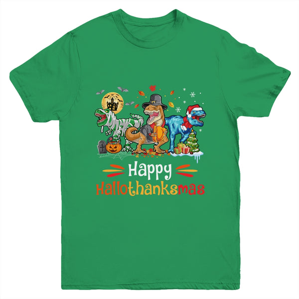 Happy Hallothanksmas T Rex Dinosaur Halloween Christmas Youth Youth T Shirt Irish Green 600x.jpg