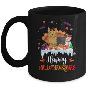 Yorkie HalloThanksMas Halloween Thanksgiving Christmas Mug 11oz Mug Black front 600x.jpg