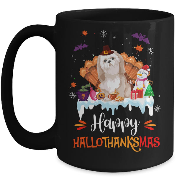 Shih Tzu HalloThanksMas Halloween Thanksgiving Christmas Mug 15oz Mug Black front 600x.jpg