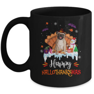 Pug Happy HalloThanksMas Halloween Thanksgiving Christmas Mug 11oz Mug Black front 600x.jpg