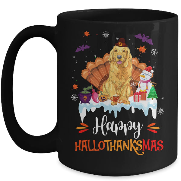 Golden Retriever Happy HalloThanksMas Halloween Christmas Mug 15oz Mug Black front 600x.jpg