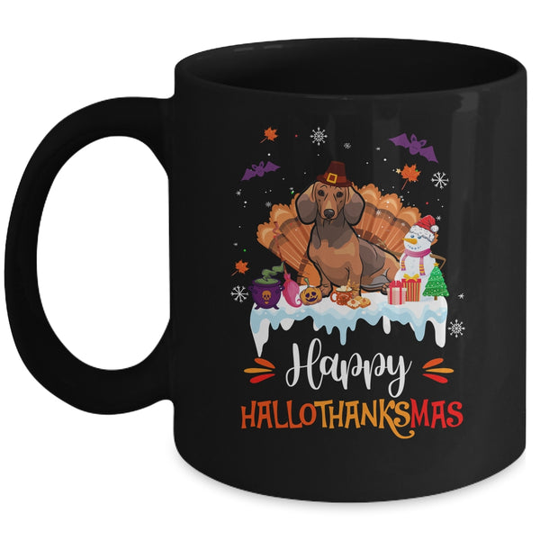 Dachshund HalloThanksMas Halloween Thanksgiving Christmas Mug 11oz Mug Black front 600x.jpg