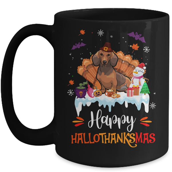 Dachshund HalloThanksMas Halloween Thanksgiving Christmas Mug 15oz Mug Black front 600x.jpg