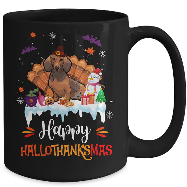 Dachshund HalloThanksMas Halloween Thanksgiving Christmas Mug 15oz Mug Black back 600x.jpg