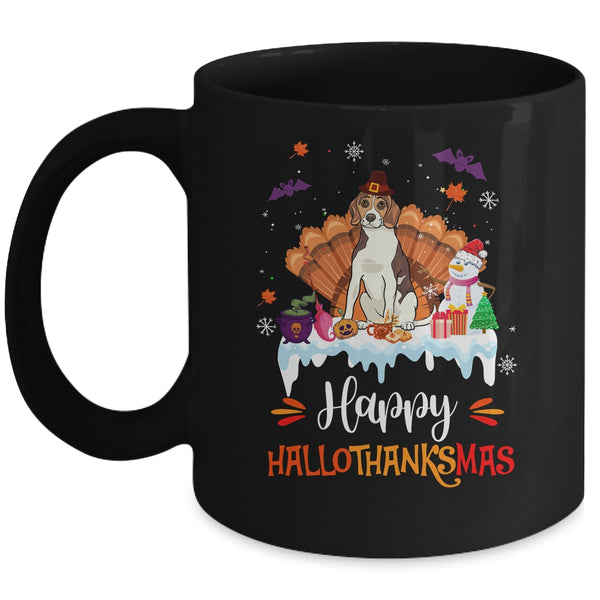 Beagle Happy HalloThanksMas Halloween Thanksgiving Christmas Mug 11oz Mug Black front 600x.jpg