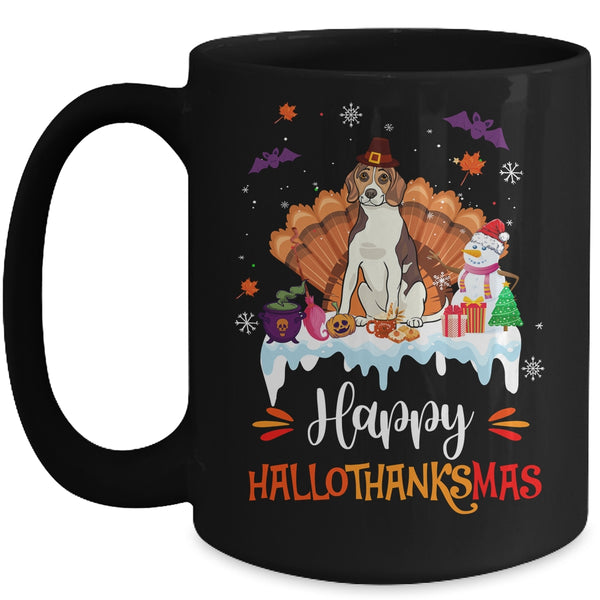 Beagle Happy HalloThanksMas Halloween Thanksgiving Christmas Mug 15oz Mug Black front 600x.jpg