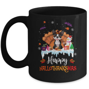 Boston Terrier Happy HalloThanksMas Halloween Christmas Mug 11oz Mug Black front 600x.jpg