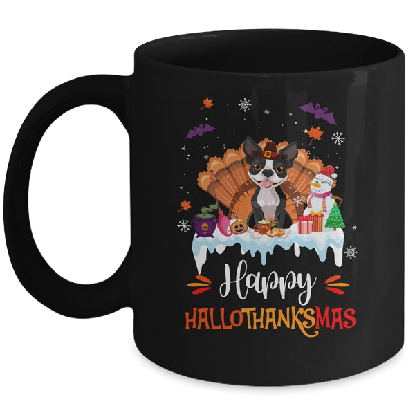 Boston Terrier Happy HalloThanksMas Halloween Christmas Mug 11oz Mug Black front 600x.jpg