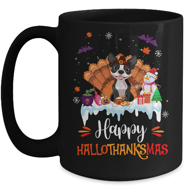 Boston Terrier Happy HalloThanksMas Halloween Christmas Mug 15oz Mug Black front 600x.jpg