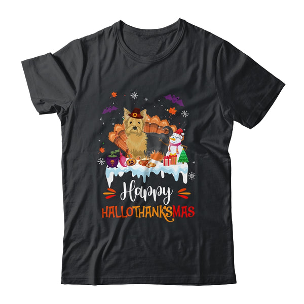 Yorkie HalloThanksMas Halloween Thanksgiving Christmas Classic T Shirt Black 600x.jpg