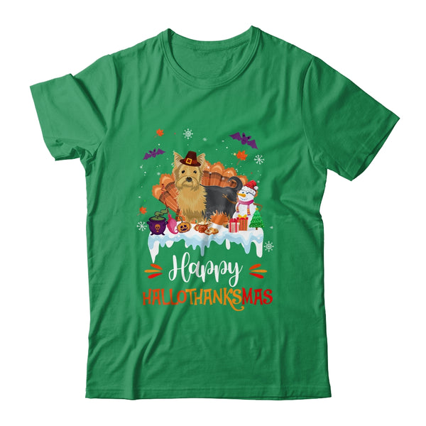 Yorkie HalloThanksMas Halloween Thanksgiving Christmas Classic T Shirt Irish Green 600x.jpg