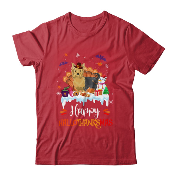 Yorkie HalloThanksMas Halloween Thanksgiving Christmas Classic T Shirt Red 600x.jpg