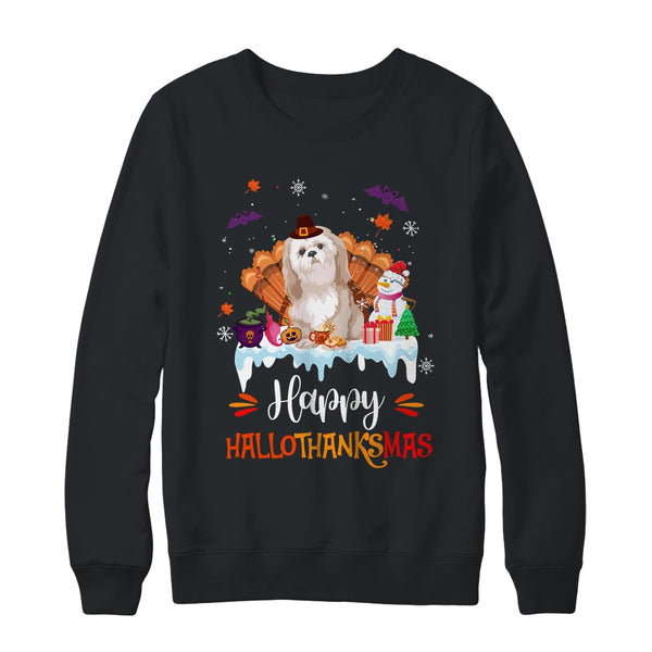 Shih Tzu HalloThanksMas Halloween Thanksgiving Christmas Crewneck Sweatshirt Black 600x.jpg