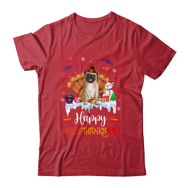 Pug Happy HalloThanksMas Halloween Thanksgiving Christmas Classic T Shirt Red 600x.jpg