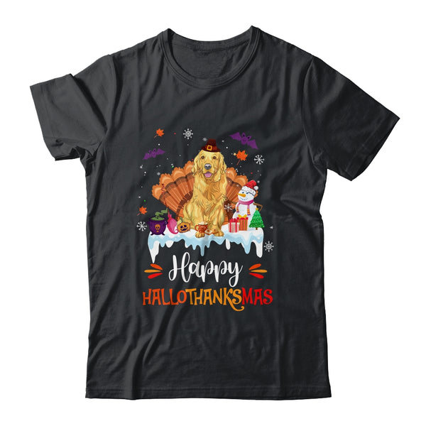 Golden Retriever Happy HalloThanksMas Halloween Christmas Classic T Shirt Black 600x.jpg