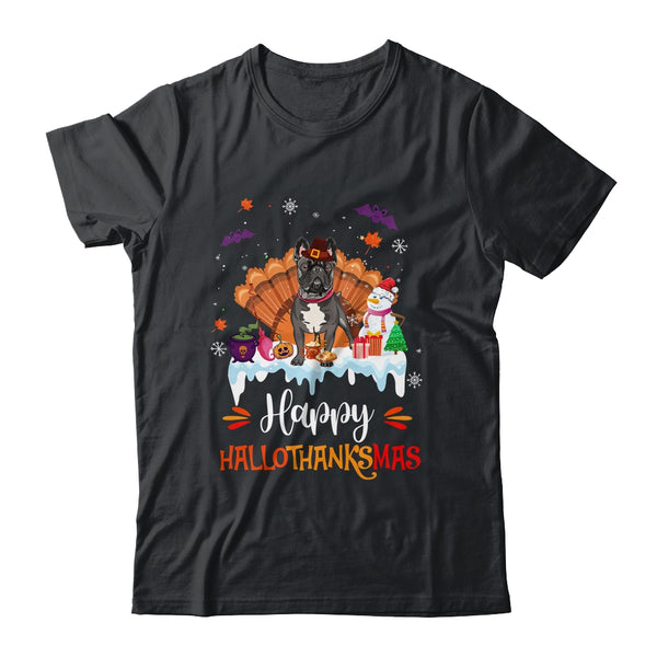 French Bulldog HalloThanksMas Halloween Thanksgiving Christmas Classic T Shirt Black 600x.jpg