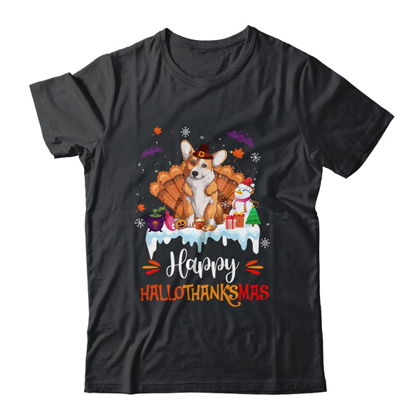 Corgi Happy HalloThanksMas Halloween Thanksgiving Christmas Classic T Shirt Black 600x.jpg
