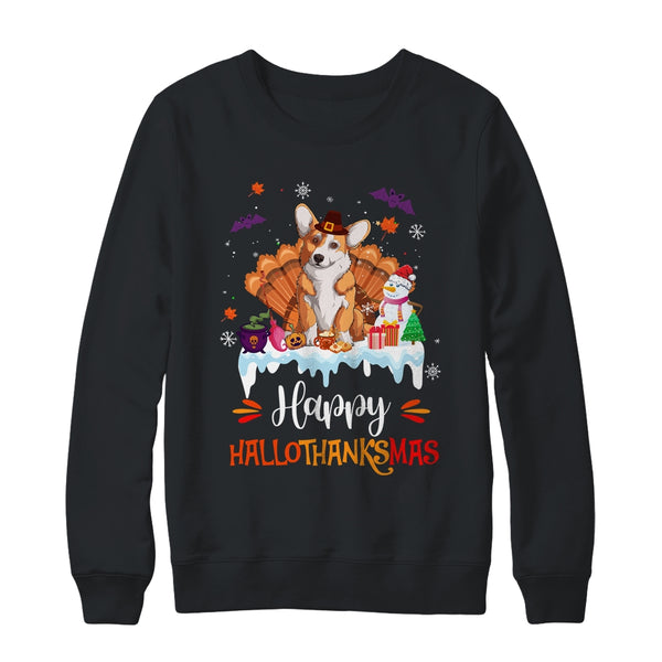 Corgi Happy HalloThanksMas Halloween Thanksgiving Christmas Crewneck Sweatshirt Black 600x.jpg