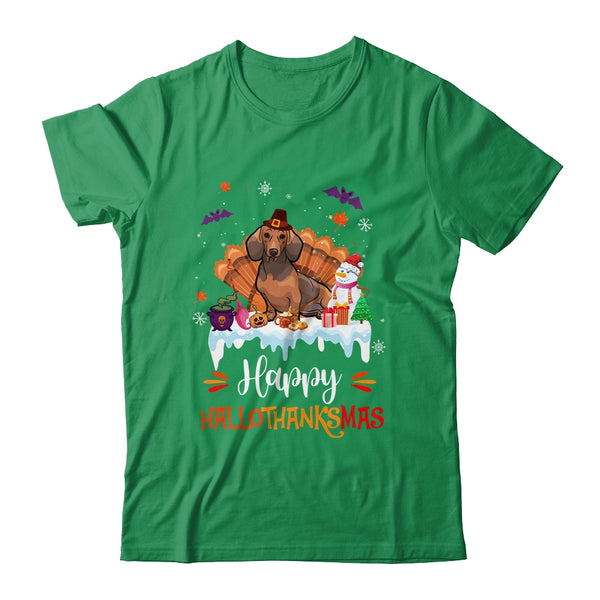 Dachshund HalloThanksMas Halloween Thanksgiving Christmas Classic T Shirt Irish Green 600x.jpg