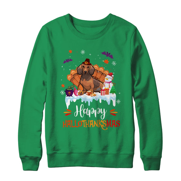 Dachshund HalloThanksMas Halloween Thanksgiving Christmas Crewneck Sweatshirt Irish Green 600x.jpg