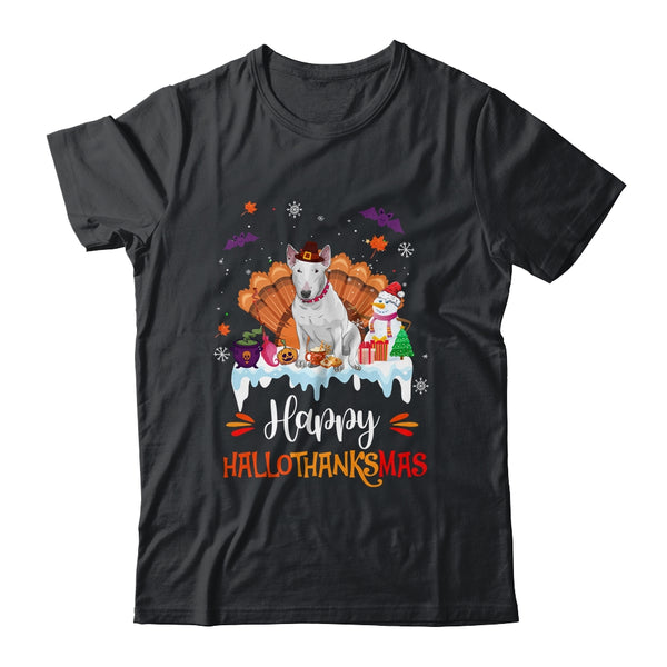 Bull Terrier HalloThanksMas Halloween Thanksgiving Christmas Classic T Shirt Black 600x.jpg
