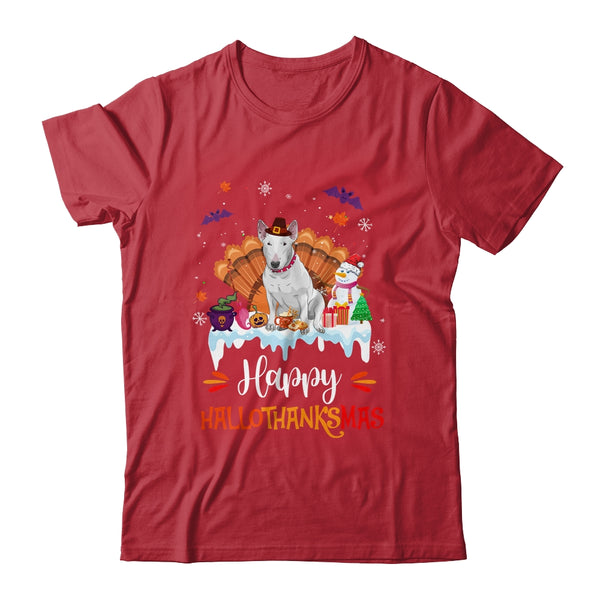 Bull Terrier HalloThanksMas Halloween Thanksgiving Christmas Classic T Shirt Red 600x.jpg