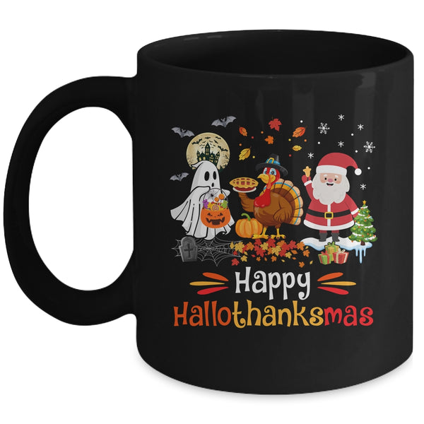 Happy Hallothanksmas Ghost Turkey Pumpkin Christmas Santa Mug 11oz Mug Black front 600x.jpg