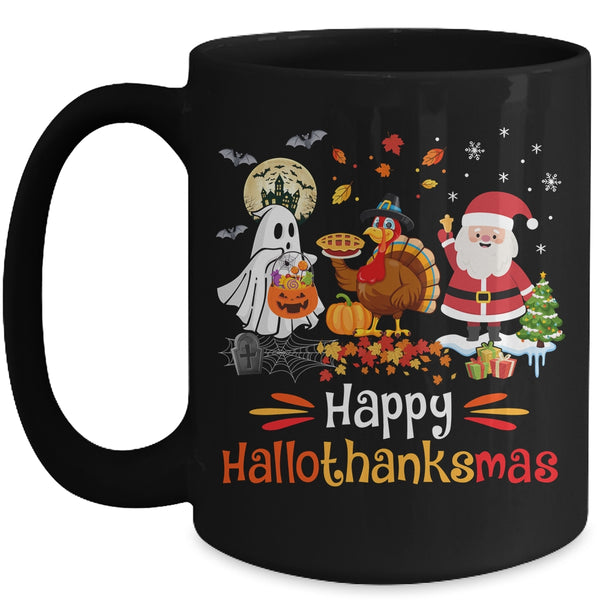 Happy Hallothanksmas Ghost Turkey Pumpkin Christmas Santa Mug 15oz Mug Black front 600x.jpg