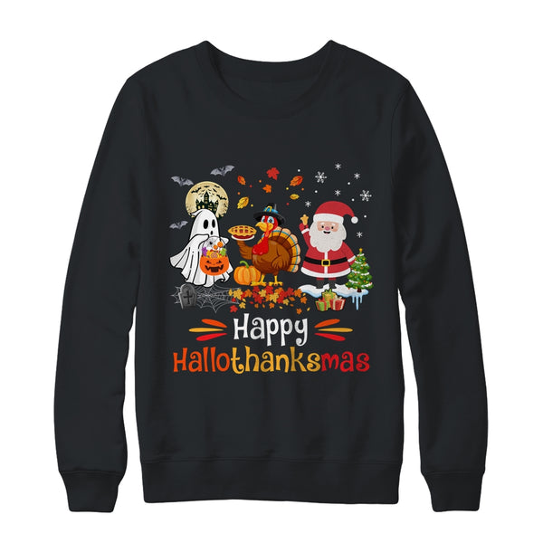 Happy Hallothanksmas Ghost Turkey Pumpkin Christmas Santa Crewneck Sweatshirt Black 600x.jpg