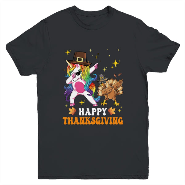 Cute Unicorn Thanksgiving For Girls Pilgrim Hat Turkey Youth Youth T Shirt Black 600x.jpg