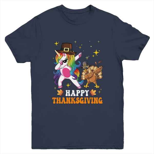 Cute Unicorn Thanksgiving For Girls Pilgrim Hat Turkey Youth Youth T Shirt Navy 600x.jpg