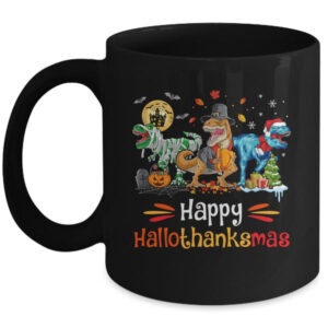 Happy Hallothanksmas T Rex Dinosaur Halloween Christmas Mug 11oz Mug Black front 600x.jpg