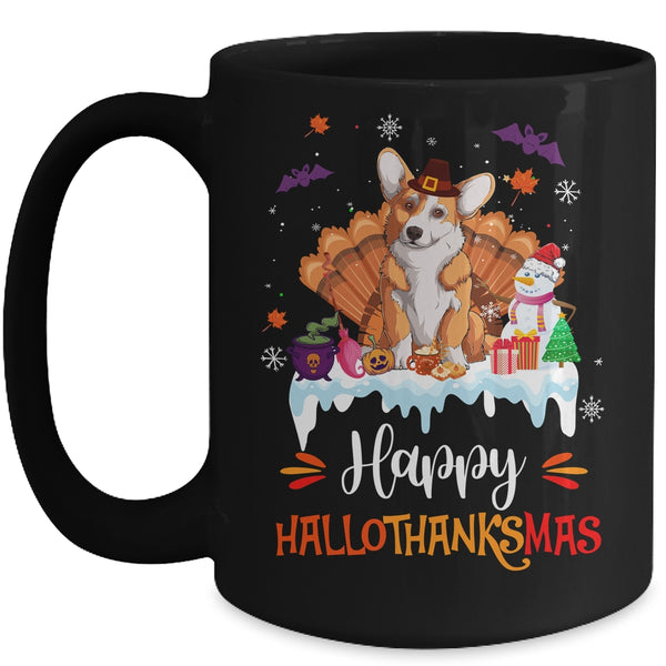 Corgi Happy HalloThanksMas Halloween Thanksgiving Christmas Mug 15oz Mug Black front 600x.jpg