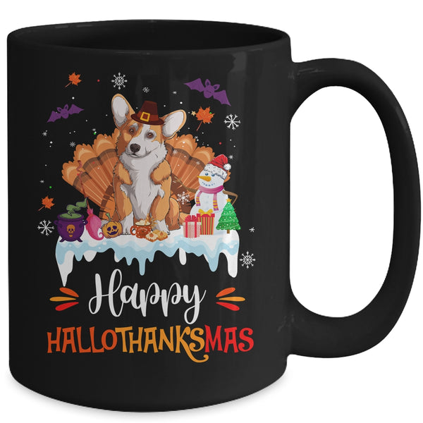 Corgi Happy HalloThanksMas Halloween Thanksgiving Christmas Mug 15oz Mug Black back 600x.jpg