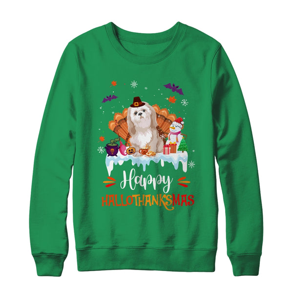 Shih Tzu HalloThanksMas Halloween Thanksgiving Christmas Crewneck Sweatshirt Irish Green 600x 1.jpg