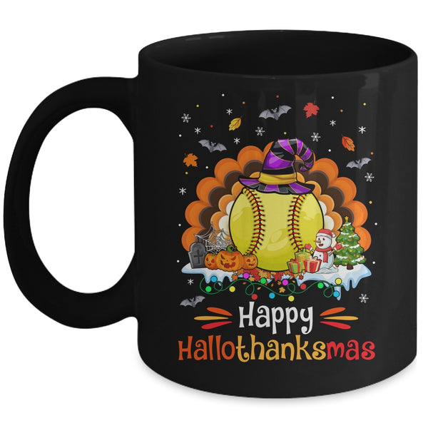 Softball Halloween Christmas Thanksgiving Hallothanksmas Mug 11oz Mug Black front 600x.jpg