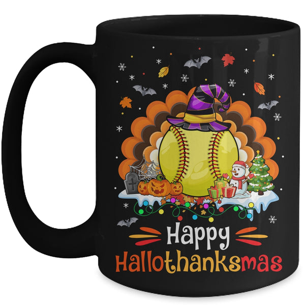 Softball Halloween Christmas Thanksgiving Hallothanksmas Mug 15oz Mug Black front 600x.jpg