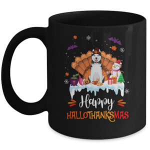 Siberian Husky Happy HalloThanksMas Halloween Christmas Mug 11oz Mug Black front 600x.jpg