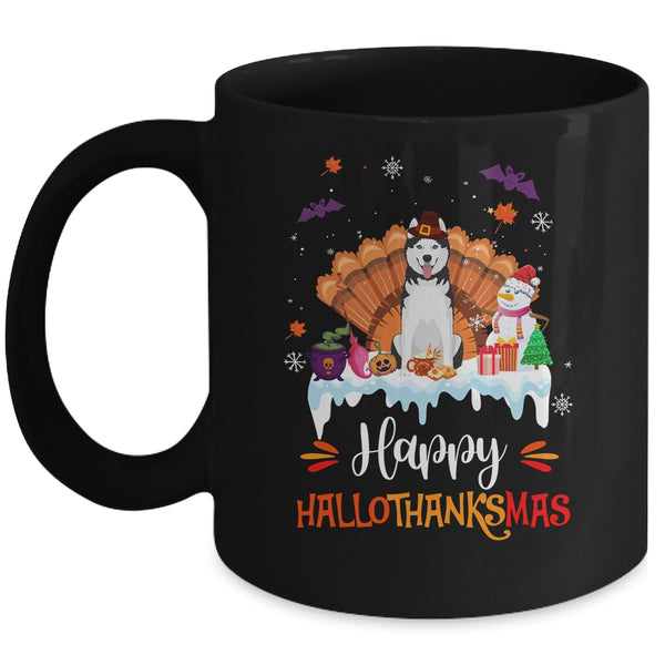 Siberian Husky Happy HalloThanksMas Halloween Christmas Mug 11oz Mug Black front 600x.jpg