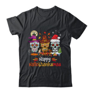 Sugar Skull Hallothanksmas Halloween Thanksgiving Christmas Classic T Shirt Black 600x.jpg