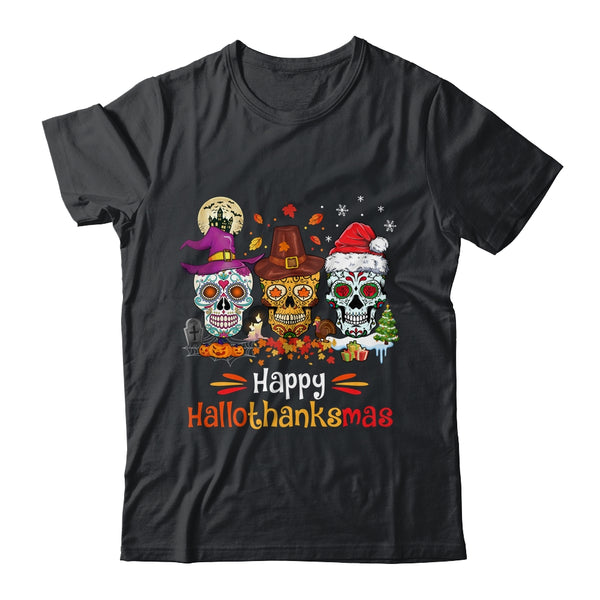 Sugar Skull Hallothanksmas Halloween Thanksgiving Christmas Classic T Shirt Black 600x.jpg