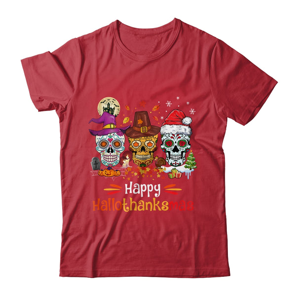 Sugar Skull Hallothanksmas Halloween Thanksgiving Christmas Classic T Shirt Red 600x.jpg
