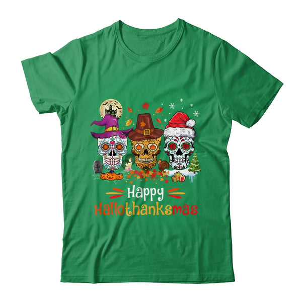 Sugar Skull Hallothanksmas Halloween Thanksgiving Christmas Classic T Shirt Irish Green 600x.jpg