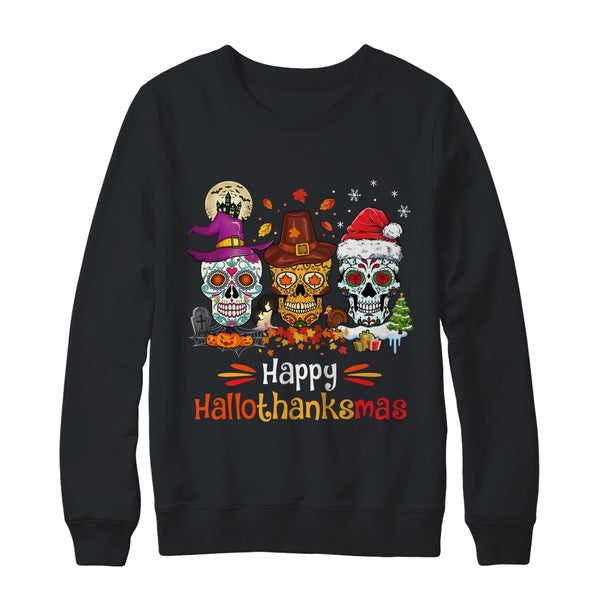 Sugar Skull Hallothanksmas Halloween Thanksgiving Christmas Crewneck Sweatshirt Black 600x.jpg