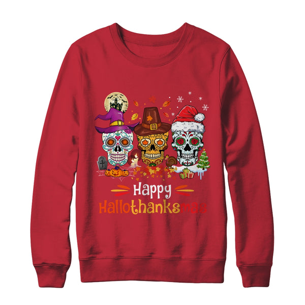 Sugar Skull Hallothanksmas Halloween Thanksgiving Christmas Crewneck Sweatshirt Red 600x.jpg
