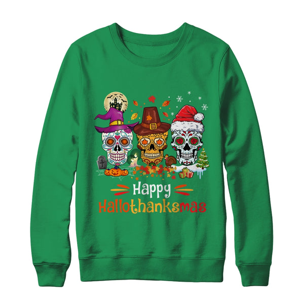 Sugar Skull Hallothanksmas Halloween Thanksgiving Christmas Crewneck Sweatshirt Irish Green 600x.jpg