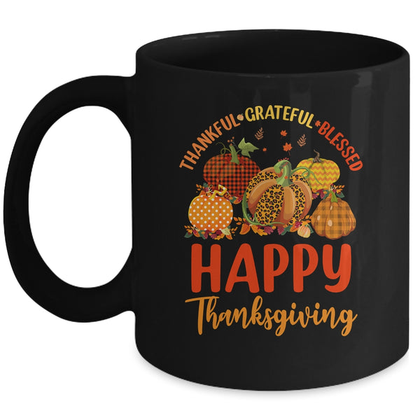 Thankful Grateful Blessed Leopard Plaid Pumpkin Thanksgiving Mug 11oz Mug Black front 600x.jpg