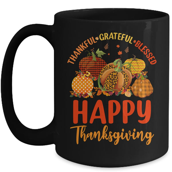 Thankful Grateful Blessed Leopard Plaid Pumpkin Thanksgiving Mug 15oz Mug Black front 600x.jpg