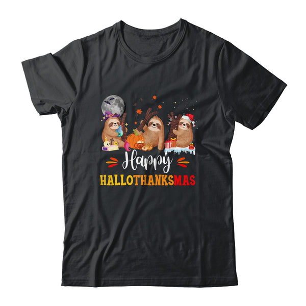 Happy Hallothanksmas Sloth Xmas Thanksgiving Halloween Classic T Shirt Black 600x.jpg